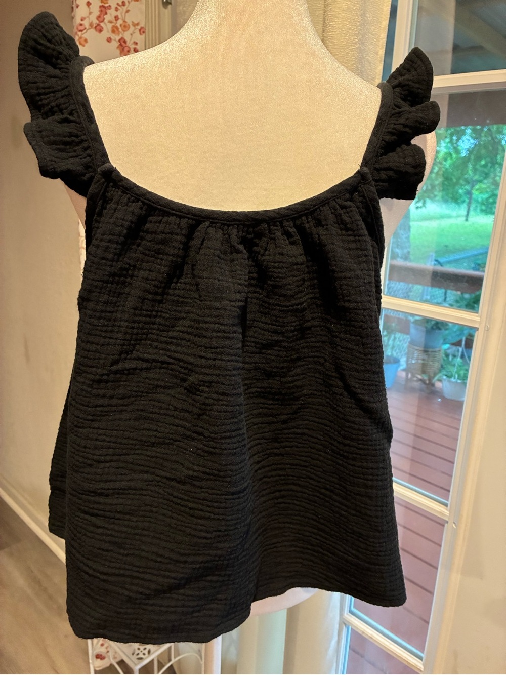 Black Ruffle Strap Textured Blouse for Women